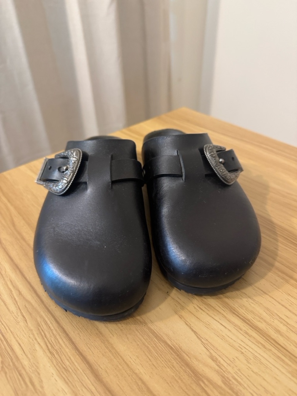 Saint Laurent Black Leather Slip-On Clog with Decorative Buckle
